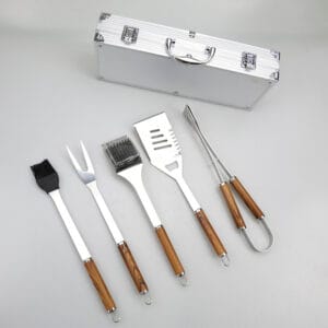 Stainless Steel Barbecue Accessories Kit With Wood Pattern Handle in Aluminum Storage Case