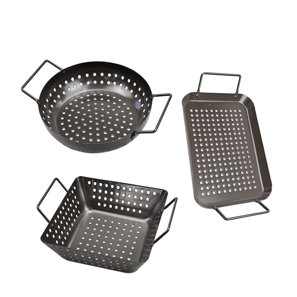 Pack of 3 Non Stick Carbon Steel Grill Vegetable Baskets Set, Mini Grilling Basket Set, Grill Pan for Outdoor Grill