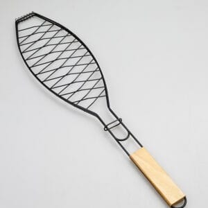 BBQ Charcoal Grill Accessories Mesh Fish Grilling Basket with Locking Wooden Handle for Outdoor Grill
