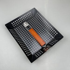 Non-Stick BBQ Grill Basket Detachable Wooden Handle Perforated Carbon Steel Grilling Tray