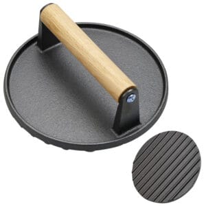 Black Cast Iron Burger Press - 7'' Heavy Duty Grill Burger Bacon Press with Solid Wood Handle