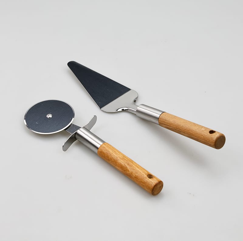 Stainless Steel Modern Style Pizza Wheel Cutter and Cake Server Set Tools with Wood Handle